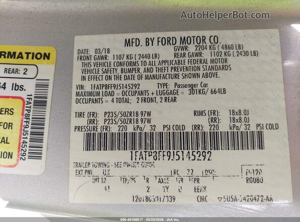 1FATP8FF9J5145292 2018 FORD MUSTANG Silver Widok komory silnika