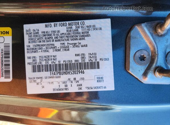 1FATP8UH0H5202946 2017 FORD MUSTANG Gray Widok naklejki z numerem VIN