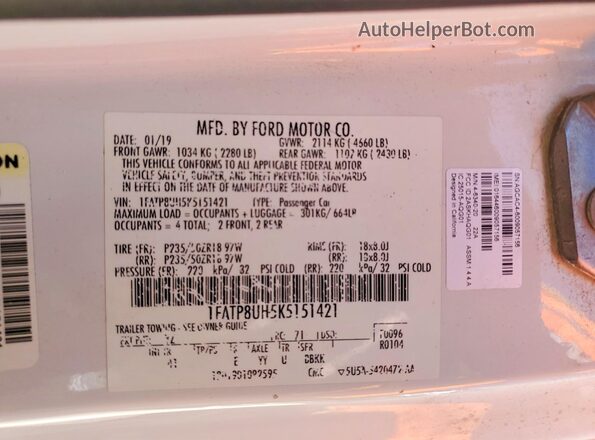 1FATP8UH5K5151421 2019 FORD MUSTANG Белый Вид подкапотного пространства