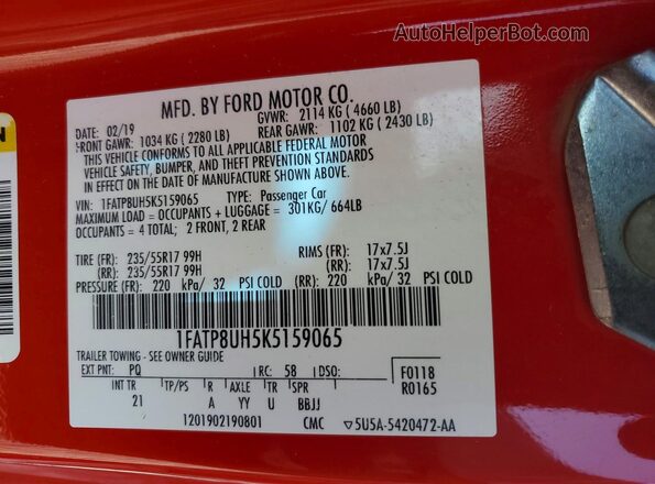1FATP8UH5K5159065 2019 FORD MUSTANG Красный Вид наклейки с VIN-кодом