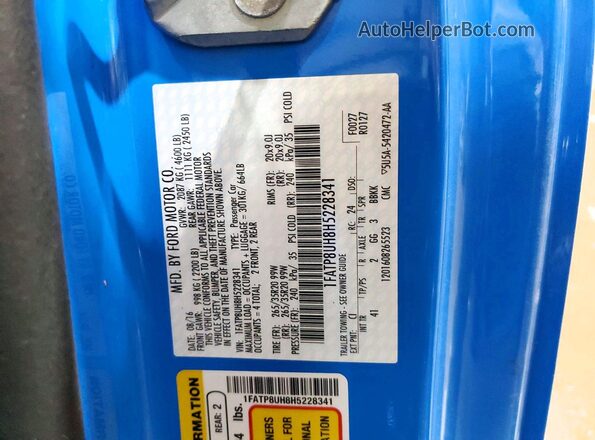 1FATP8UH8H5228341 2017 FORD MUSTANG Blue Շարժիչի բաժամունքի տեսք