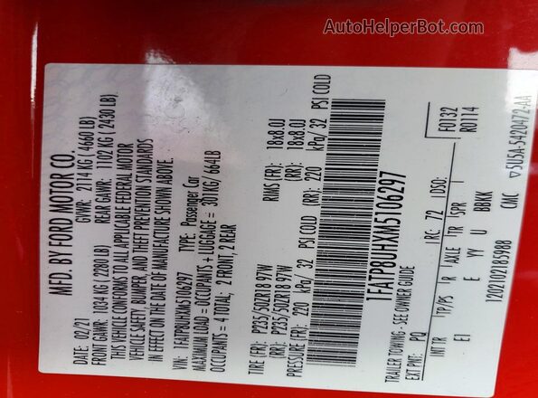 1FATP8UHXM5106297 2021 FORD MUSTANG Red Widok naklejki z numerem VIN