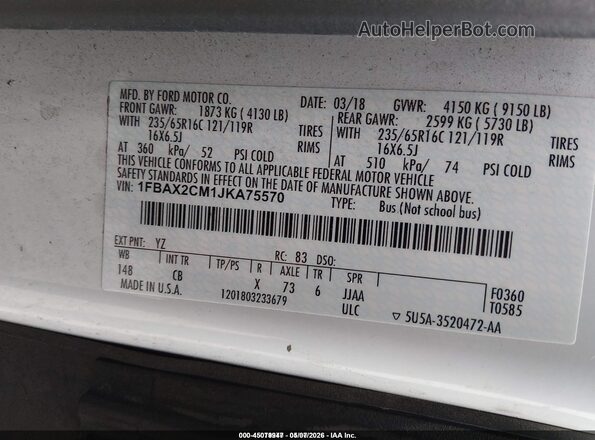 1FBAX2CM1JKA75570 2018 FORD TRANSIT-350 White Vista del compartimento del motor