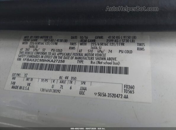 1FBAX2CM9HKA27258 2017 FORD TRANSIT-350 Белый Вид подкапотного пространства