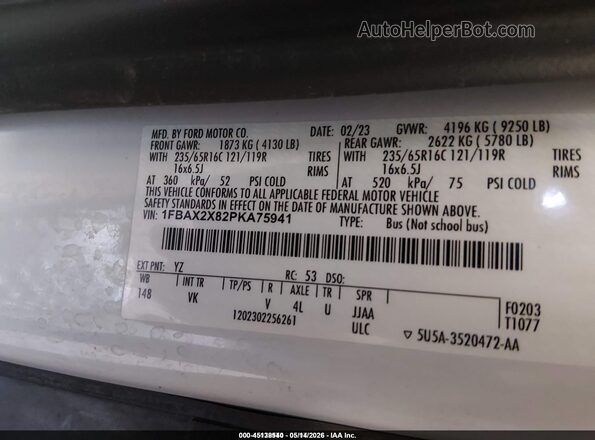 1FBAX2X82PKA75941 2023 FORD TRANSIT-350 White ძრავის განყოფილების ხედი