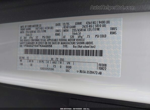 1FBAX2Y84TKA42058 2026 FORD TRANSIT-350 White Вид підкапотного простору