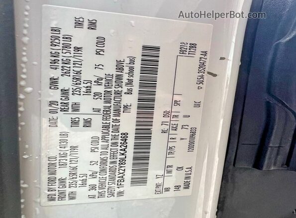 1FBAX2Y89LKA26468 2020 FORD TRANSIT White Vista de los asientos traseros