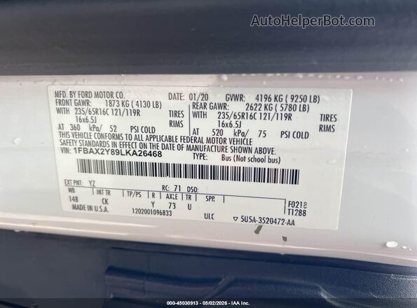 1FBAX2Y89LKA26468 2020 FORD PASSENGER White Vista del compartimento del motor