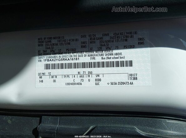1FBAX2YG5RKA16181 2024 FORD TRANSIT-350 White ძრავის განყოფილების ხედი