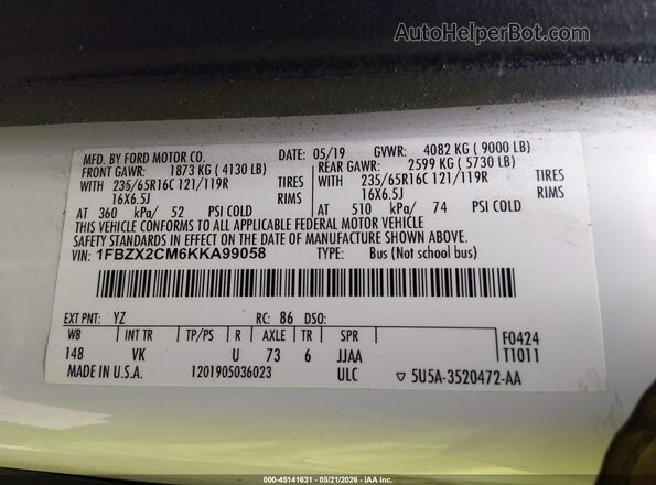 1FBZX2CM6KKA99058 2019 FORD TRANSIT-350 White Вид підкапотного простору