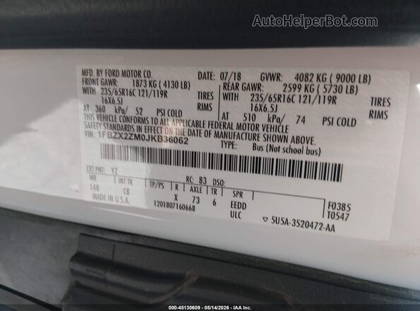 1FBZX2ZM0JKB36062 2018 FORD TRANSIT-350 White ძრავის განყოფილების ხედი