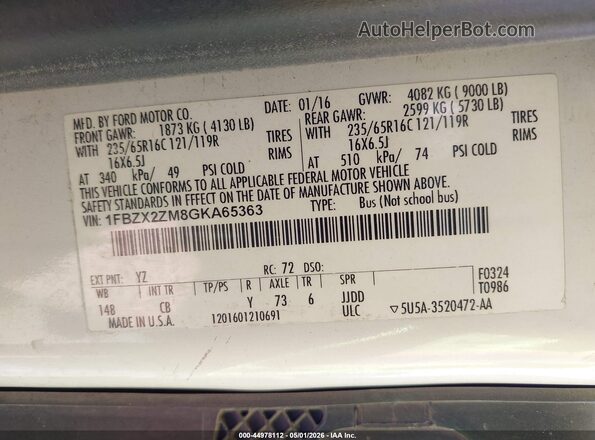 1FBZX2ZM8GKA65363 2016 FORD TRANSIT-350 Белый Вид подкапотного пространства