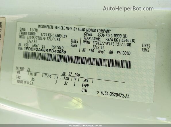 1FDBF2A68KED43050 2019 FORD F-250 Белый Задняя правая четверть