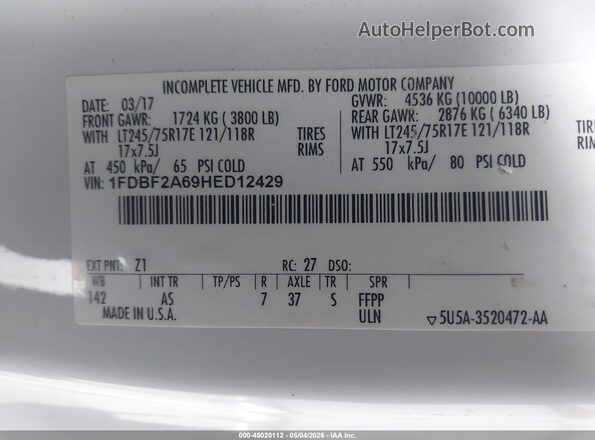 1FDBF2A69HED12429 2017 FORD F-250 Белый Вид подкапотного пространства