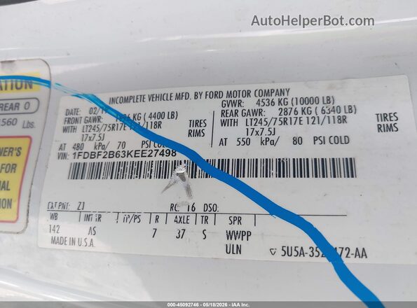 1FDBF2B63KEE27498 2019 FORD F-250 Белый Вид подкапотного пространства