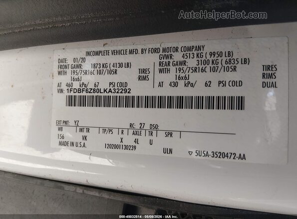 1FDBF6Z80LKA32292 2020 FORD TRANSIT-350 White Widok komory silnika