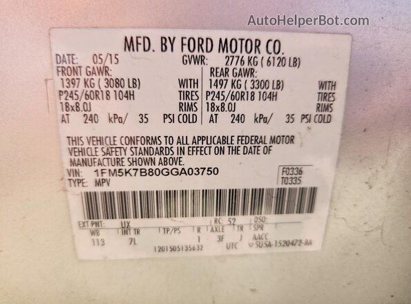 1FM5K7B80GGA03750 2016 FORD EXPLORER Silver Widok naklejki z numerem VIN