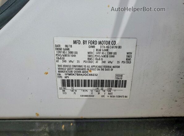 1FM5K7B84JGC69232 2018 FORD EXPLORER White სალონის 360-გრადუსიანი ხედი