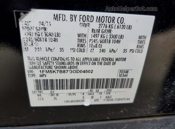 1FM5K7B87GGD04502 2016 FORD EXPLORER Черный Вид наклейки с VIN-кодом