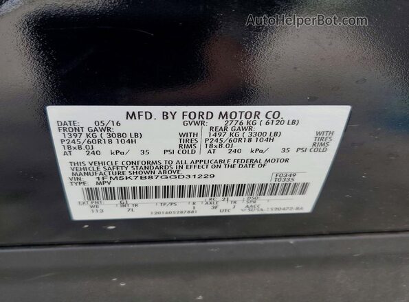 1FM5K7B87GGD31229 2016 FORD EXPLORER Black Widok naklejki z numerem VIN
