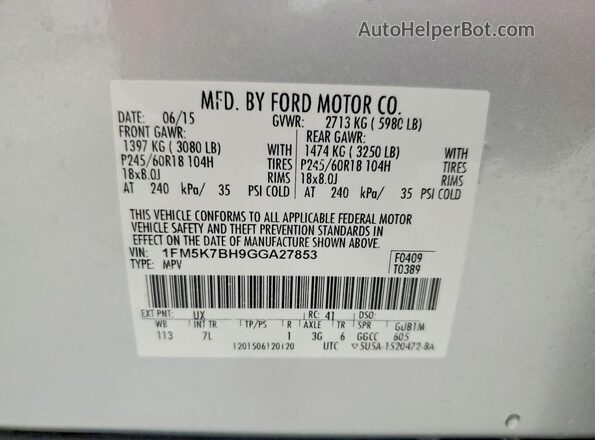 1FM5K7BH9GGA27853 2016 FORD EXPLORER Silver VIN sticker view