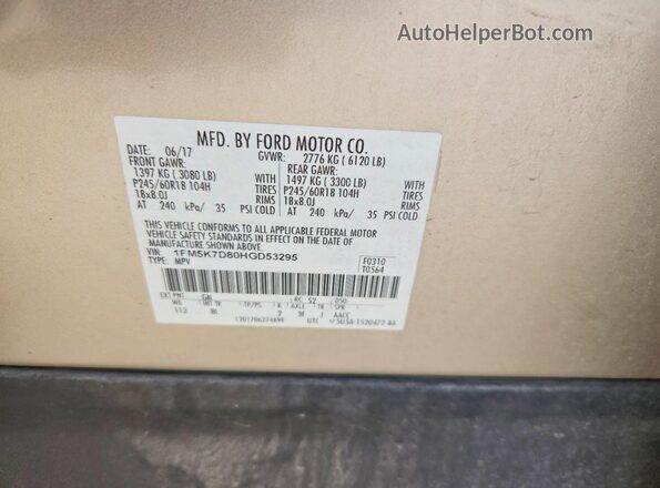 1FM5K7D80HGD53295 2017 FORD EXPLORER Tan Vista de la etiqueta del VIN