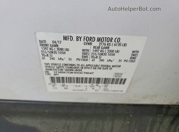 1FM5K7D81HGC76047 2017 FORD EXPLORER White Widok naklejki z numerem VIN