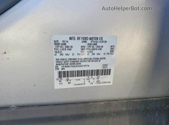 1FM5K7D83HGA73774 2017 FORD EXPLORER Silver Widok naklejki z numerem VIN