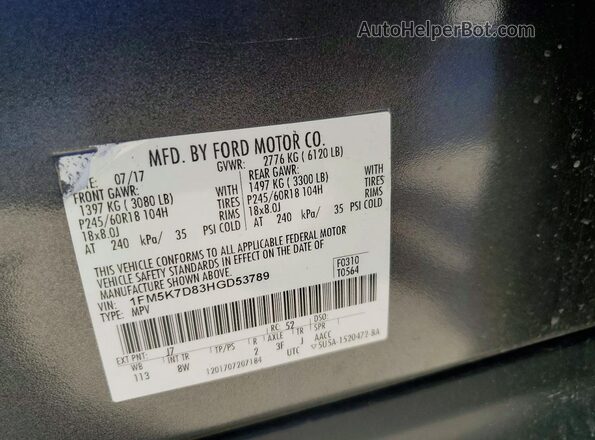 1FM5K7D83HGD53789 2017 FORD EXPLORER Gold Vista de la etiqueta del VIN