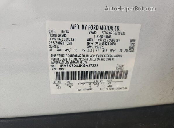 1FM5K7D83KGA37333 2019 FORD EXPLORER White Widok naklejki z numerem VIN