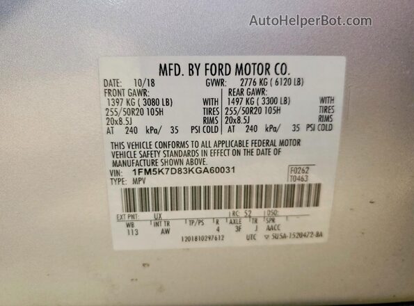 1FM5K7D83KGA60031 2019 FORD EXPLORER Серебряный Вид наклейки с VIN-кодом