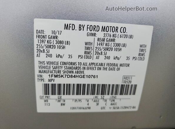 1FM5K7D84HGE10761 2017 FORD EXPLORER Silver Widok naklejki z numerem VIN