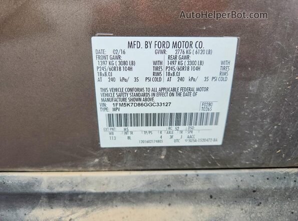 1FM5K7D86GGC33127 2016 FORD EXPLORER Brown Widok wnętrza 360 stopni