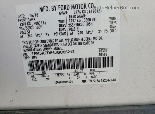 1FM5K7D86JGC06212 2018 FORD EXPLORER White Widok komory silnika