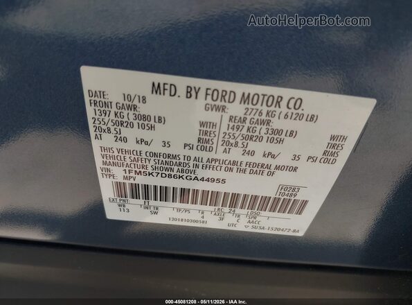 1FM5K7D86KGA44955 2019 FORD FORD EXPLORER Синий Вид подкапотного пространства