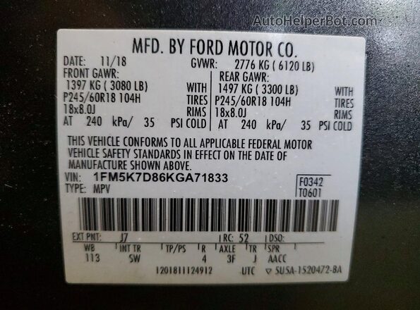 1FM5K7D86KGA71833 2019 FORD EXPLORER Серый Вид наклейки с VIN-кодом