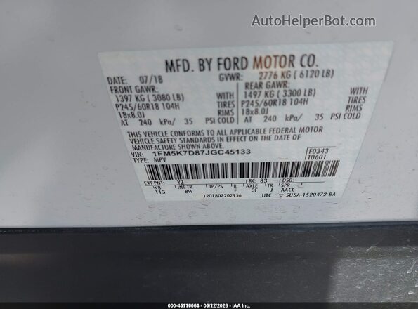 1FM5K7D87JGC45133 2018 FORD EXPLORER White Widok komory silnika