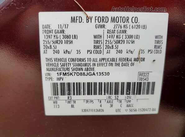 1FM5K7D88JGA13530 2018 FORD EXPLORER Maroon VIN sticker view