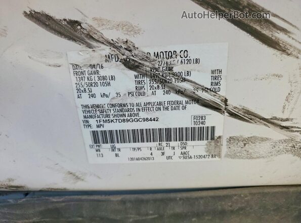 1FM5K7D89GGC98442 2016 FORD EXPLORER White Widok naklejki z numerem VIN