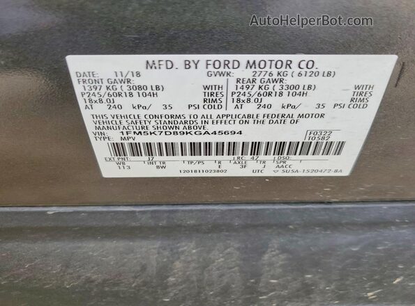 1FM5K7D89KGA45694 2019 FORD EXPLORER Black Widok wnętrza 360 stopni