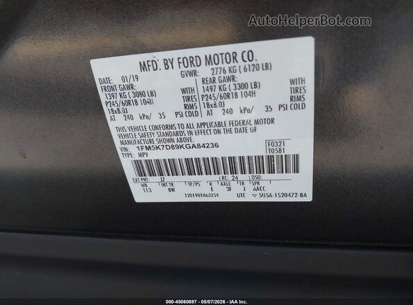 1FM5K7D89KGA84236 2019 FORD FORD EXPLORER Gray Vista del compartimento del motor