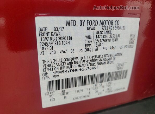 1FM5K7DH0HGC76461 2017 FORD EXPLORER Red Widok naklejki z numerem VIN