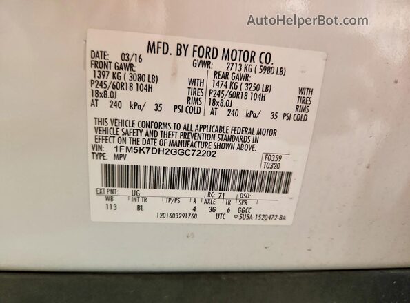 1FM5K7DH2GGC72202 2016 FORD EXPLORER Белый Вид наклейки с VIN-кодом