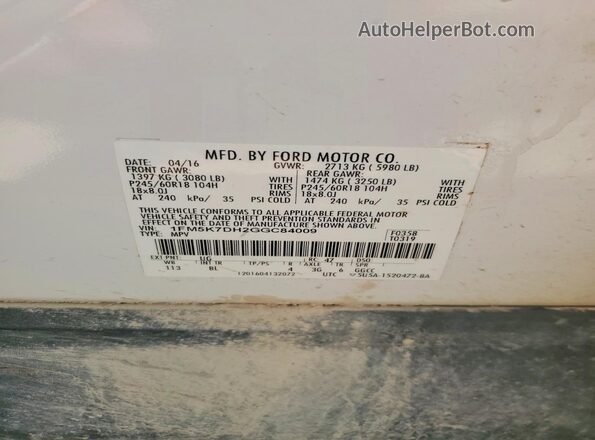 1FM5K7DH2GGC84009 2016 FORD EXPLORER White VIN sticker view