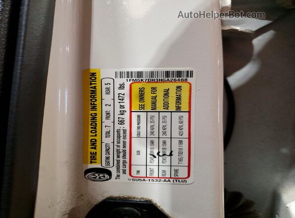 1FM5K7DH3HGA26468 2017 FORD EXPLORER White Vista de la etiqueta del VIN