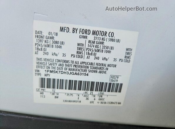 1FM5K7DH3JGA63154 2018 FORD EXPLORER White Вид наклейки з VIN-кодом