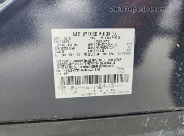 1FM5K7DH4HGC31846 2017 FORD EXPLORER Charcoal Вид наклейки з VIN-кодом