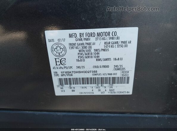 1FM5K7DH5HGD27355 2017 FORD EXPLORER Gray Widok komory silnika