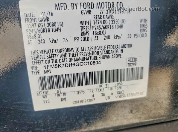 1FM5K7DH6GGC10804 2016 FORD FORD EXPLORER Черный Вид наклейки с VIN-кодом