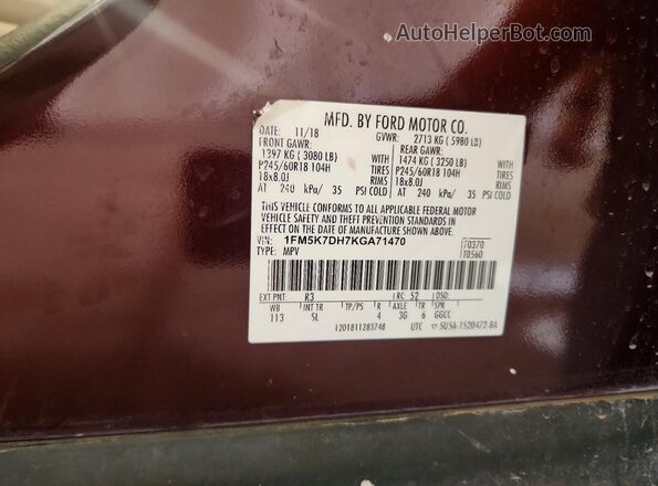 1FM5K7DH7KGA71470 2019 FORD EXPLORER Maroon Widok naklejki z numerem VIN